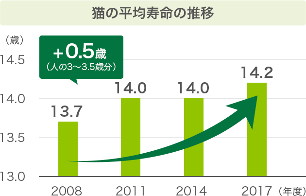 猫の平均寿命の推移 2008年度 13.7歳 2011年度 14.0歳 2014年度 14.0歳 2017年度 14.1歳