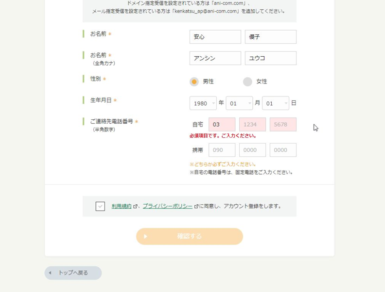 エラーメッセージの一例