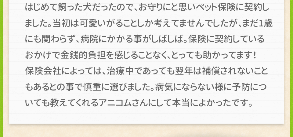 はじめて飼った犬だったので、お守りにと思いペット保険に契約しました。当初は可愛いがることしか考えてませんでしたが、まだ1歳にも関わらず、病院にかかる事がしばしば。保険に契約しているおかげで金銭的負担を感じることなく、とっても助かってます！保険会社によっては、治療中であっても翌年は補償されないこともあるとの事で慎重に選びました。病気にならない様に予防についても教えてくれるアニコムさんにして本当によかったです。