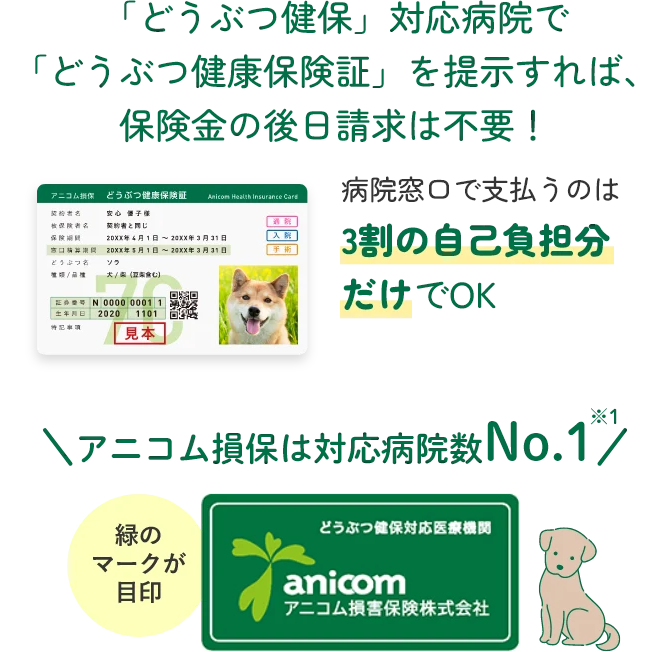 「どうぶつ健保」対応病院で「どうぶつ健康保険証」を提示すれば、保険金の後日請求は不要！