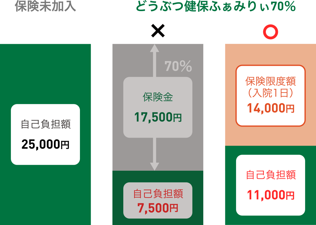 70%プランの場合 補償額17,500円 入院1日の支払い限度額14,000円 お客様負担額11,000円／50%プランの場合 補償額12,500円 入院1日の支払い限度額10,000円 お客様負担額15,000円