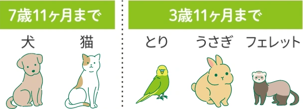 7歳11ヶ月まで：犬・猫、3歳11ヶ月まで：鳥・ウサギ・フェレット