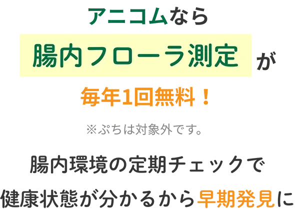 アニコムなら腸内フローラ測定が毎年1回無料！ ※ぷちは対象外です。 腸内環境の定期チェックで健康状態が分かるから早期発見に