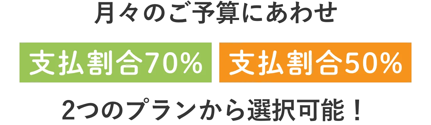 月々のご予算にあわせ支払割合70%、支払割合50%　2つのプランから選択可能！
