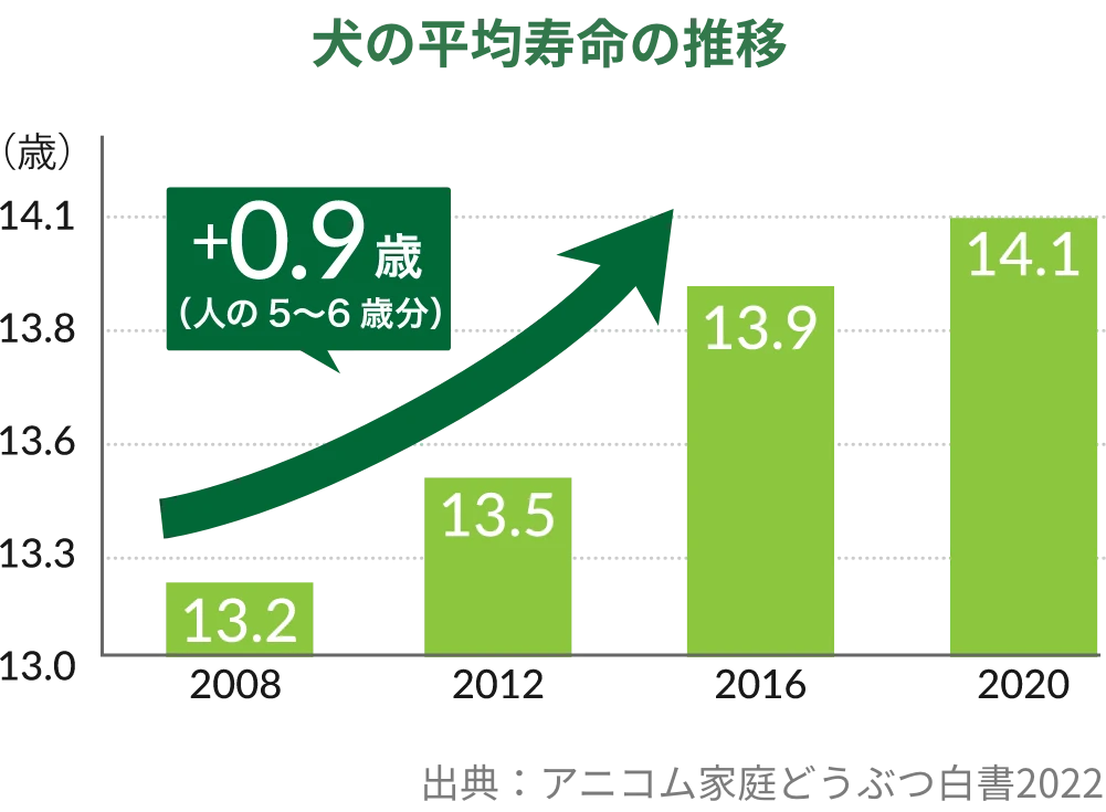 犬の平均寿命の推移（出典：アニコム家庭どうぶつ白書2022）