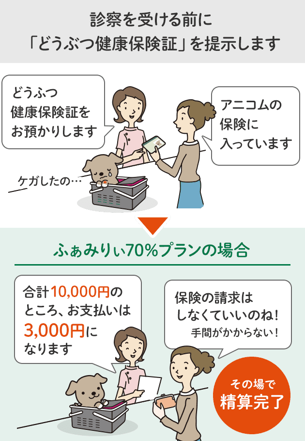 診察を受ける前に「どうぶつ健康保険証」を提示します