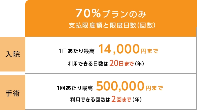 70%プランのみ支払限度額と限度日数(回数)