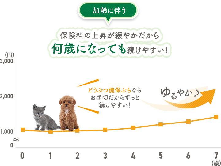 加齢に伴う保険料の上昇が緩やかだから何歳になっても 続けやすい！ どうぶつ健保ぷちならお手頃だからずっと続けやすい！