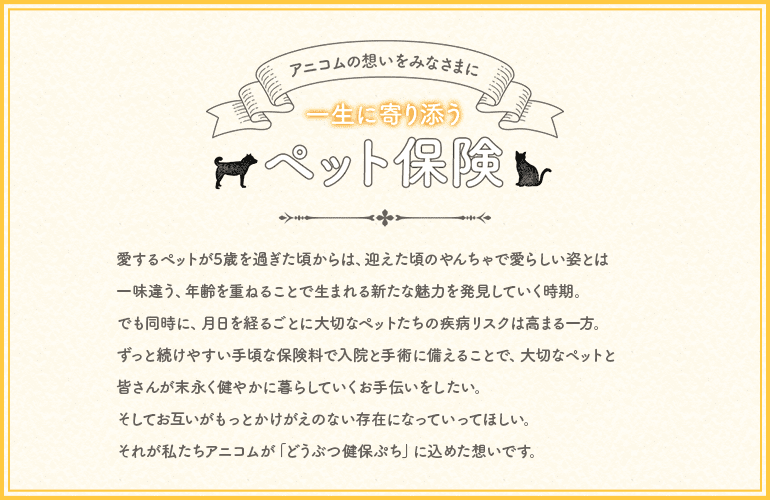 アニコムの想いをみなさまに 一生に寄り添うペット保険 愛するペットが5歳を過ぎた頃からは、迎えた頃のやんちゃで愛らしい姿とは一味違う、年齢を重ねることで生まれる新たな魅力を発見していく時期。でも同時に、月日を経るごとに大切なペットたちの疾病リスクは高まる一方。ずっと続けやすい手頃な保険料で入院と手術に備えることで、大切なペットと皆さんが末永く健やかに暮らしていくお手伝いをしたい。そしてお互いがもっとかけがえのない存在になっていってほしい。それが私たちアニコムが「どうぶつ健保ぷち」に込めた想いです。