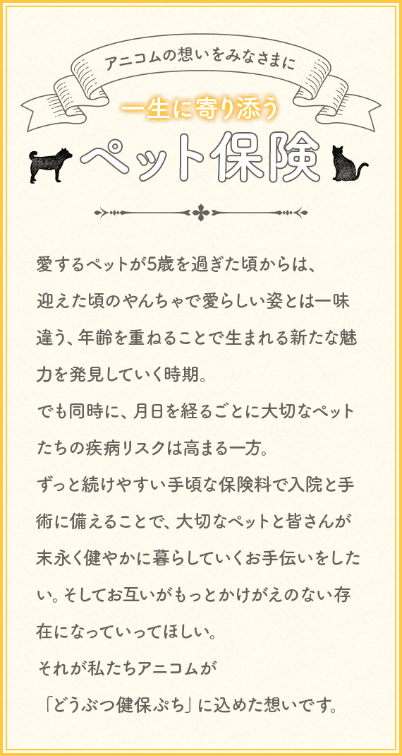 アニコムの想いをみなさまに 一生に寄り添うペット保険 愛するペットが5歳を過ぎた頃からは、迎えた頃のやんちゃで愛らしい姿とは一味違う、年齢を重ねることで生まれる新たな魅力を発見していく時期。でも同時に、月日を経るごとに大切なペットたちの疾病リスクは高まる一方。ずっと続けやすい手頃な保険料で入院と手術に備えることで、大切なペットと皆さんが末永く健やかに暮らしていくお手伝いをしたい。そしてお互いがもっとかけがえのない存在になっていってほしい。それが私たちアニコムが「どうぶつ健保ぷち」に込めた想いです。