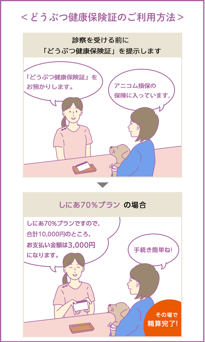 どうぶつ健康保険証のご利用方法 診察を受ける前に「どうぶつ健康保険証」を提示します しにあ70%プランの場合 その場で精算完了