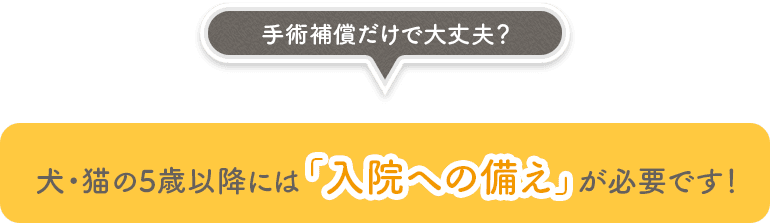 手術補償だけで大丈夫？犬・猫の5歳以降には 「入院への備え」が 必要です！