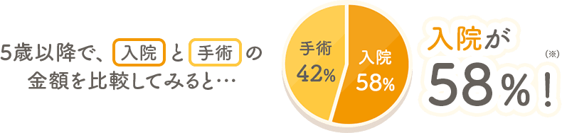 5歳以降で入院と手術の金額を比較してみると…入院が58％！