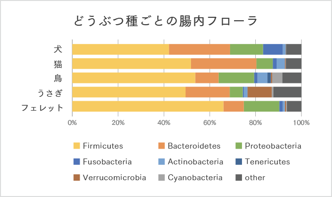 どうぶつ種ごとの平均的な腸内細菌構成のグラフ