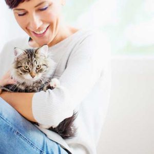 猫を抱く女性の画像