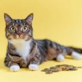 横たわった猫のそばにコインが並べられている画像