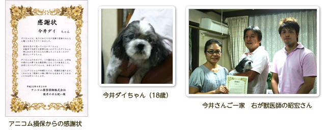 アニコム損保からの感謝状・今井ダイちゃん（18歳）・今井さんご一家　右が獣医師の昭宏さん