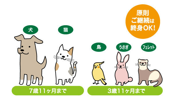 【どうぶつと年齢】お申込みいただけるどうぶつと年齢(年齢は保険契約の始期日時点での満年齢)