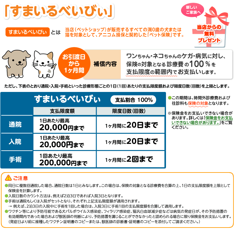 すまいるべいびぃ とは当店(ペットショップ)が販売するすべての満0歳の犬または猫を対象として、アニコム損保と契約した「ペット保険」です。