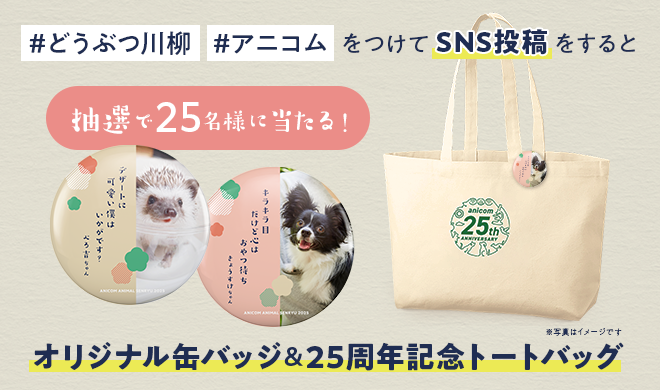 #どうぶつ川柳 #アニコムをつけてSNS投稿すると抽選で25名様に当たる！オリジナル缶バッチ＆25周年記念トートバッグ